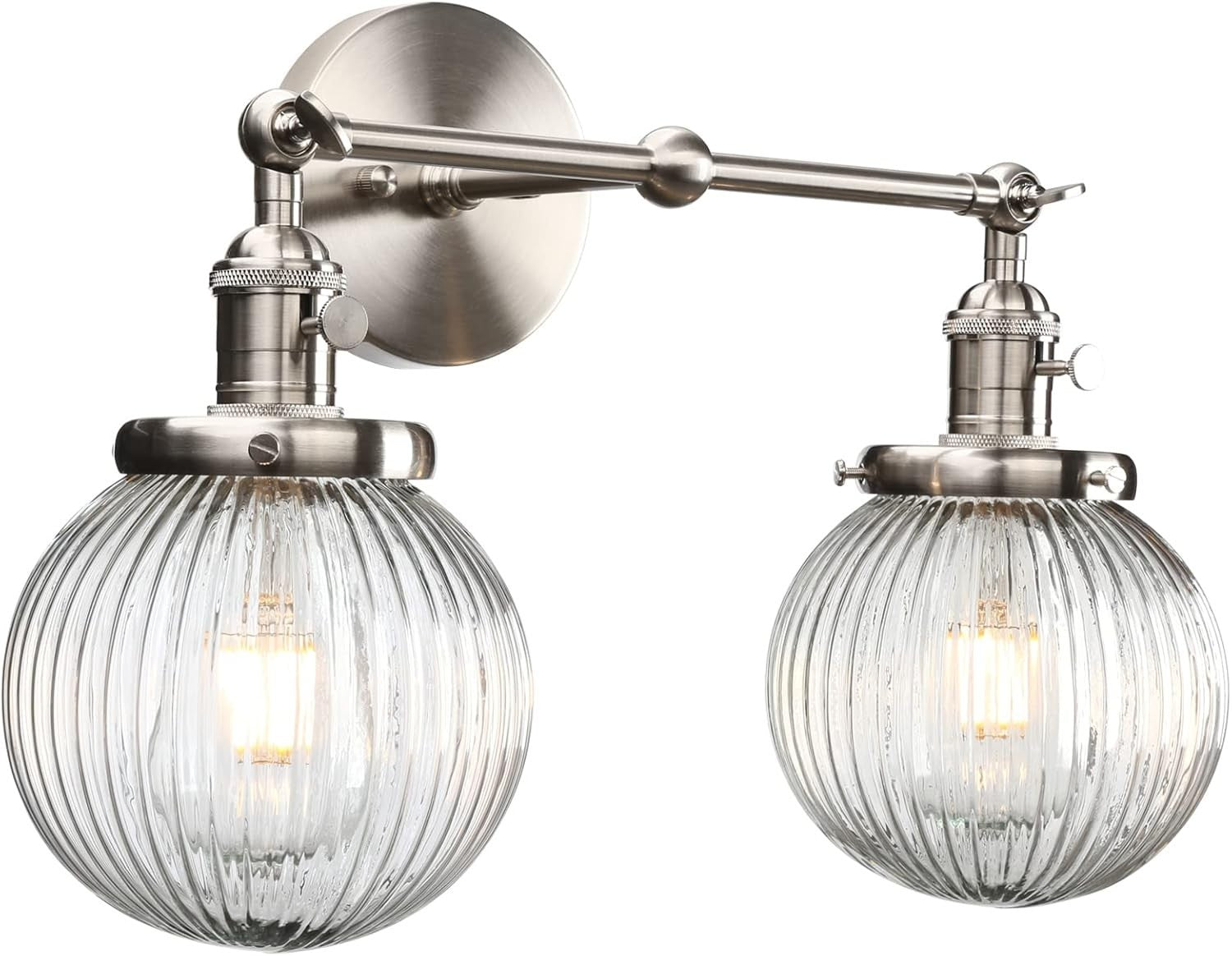 Modern 2-Light Glass Wall Sconce Brushed Metal | Dimmable Bedroom Lamp