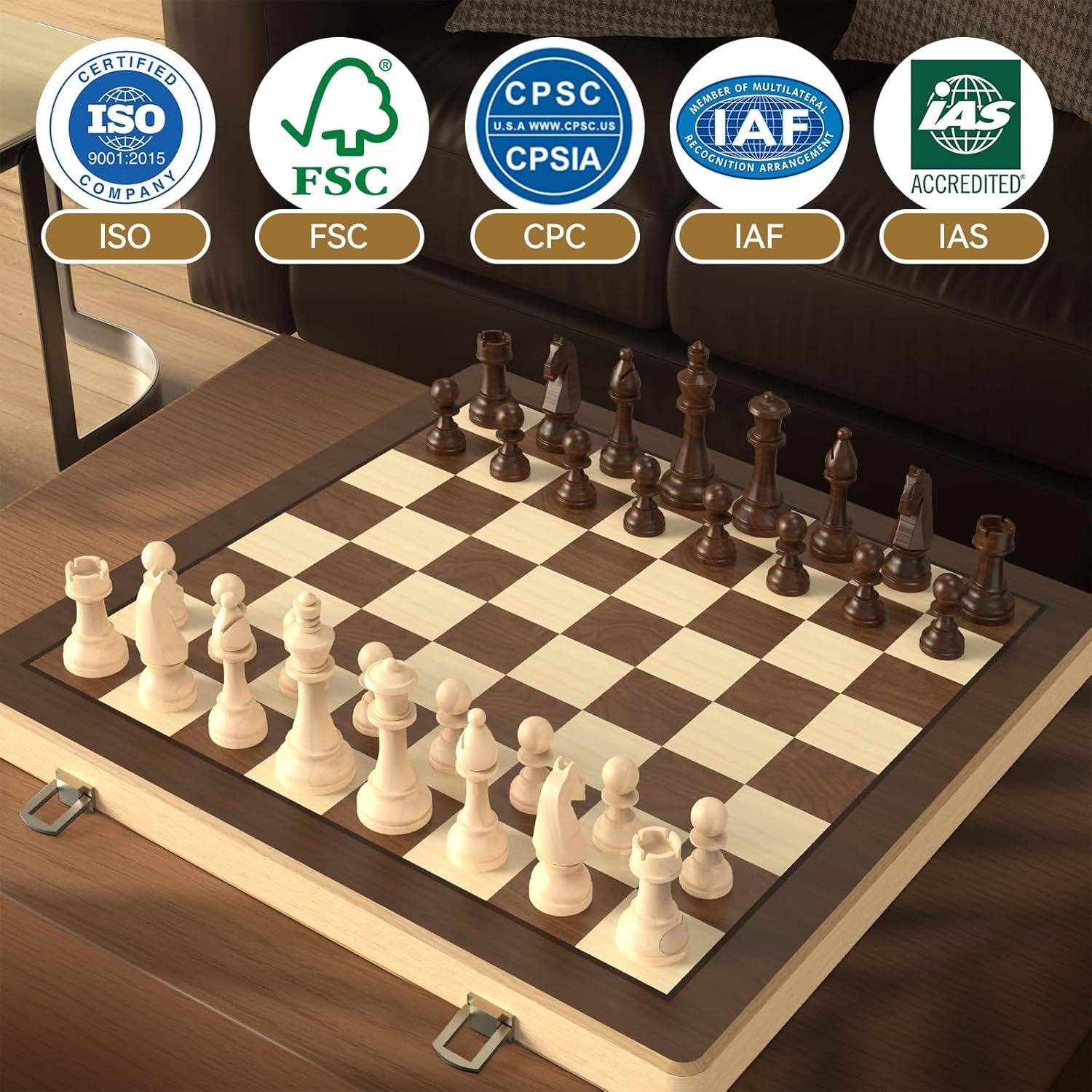15" Wooden Folding Chess & Checkers Set 2-in-1 Board Game 3" Kings