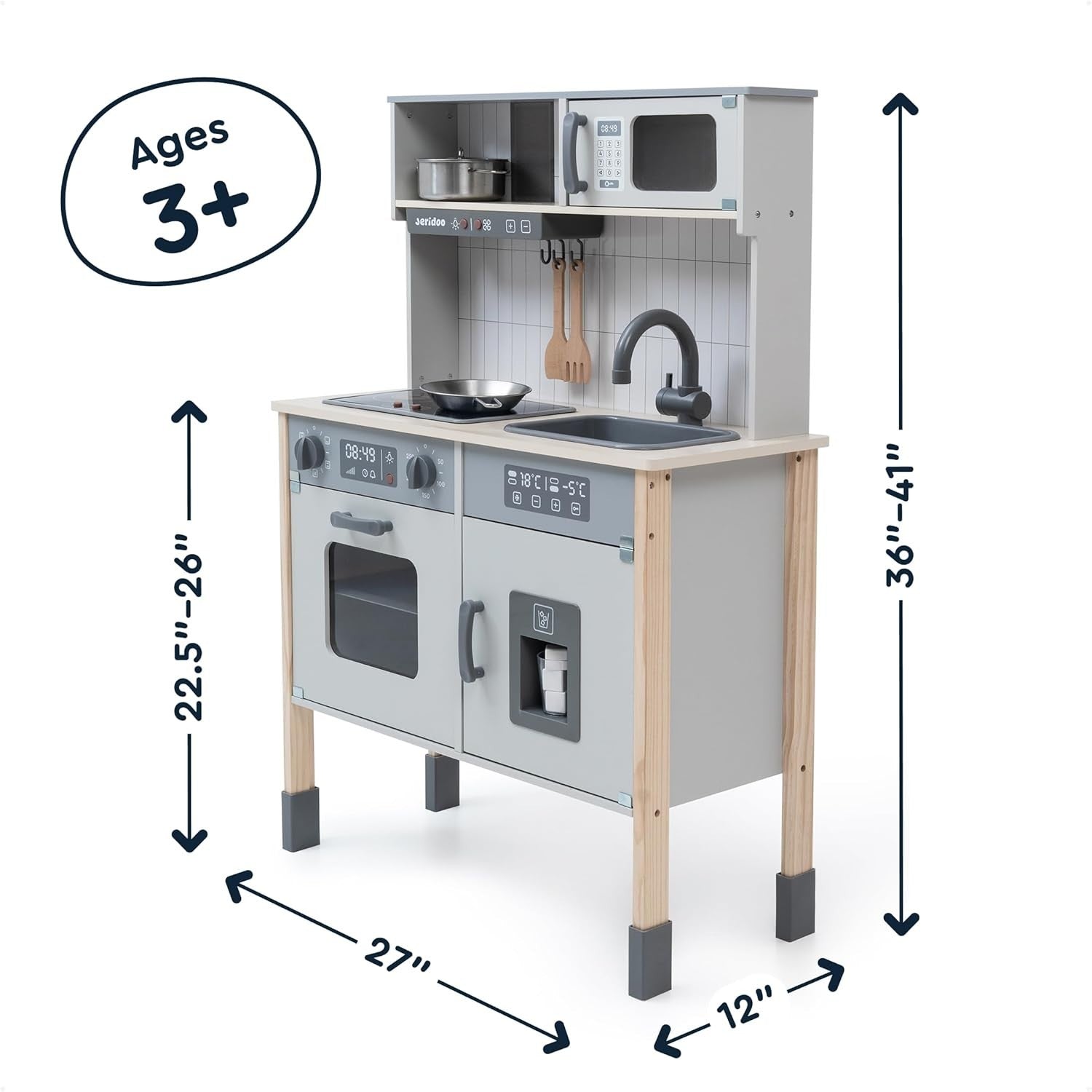 Wooden Kids Play Kitchen Light Up Oven Microwave Ice Maker Toy Set