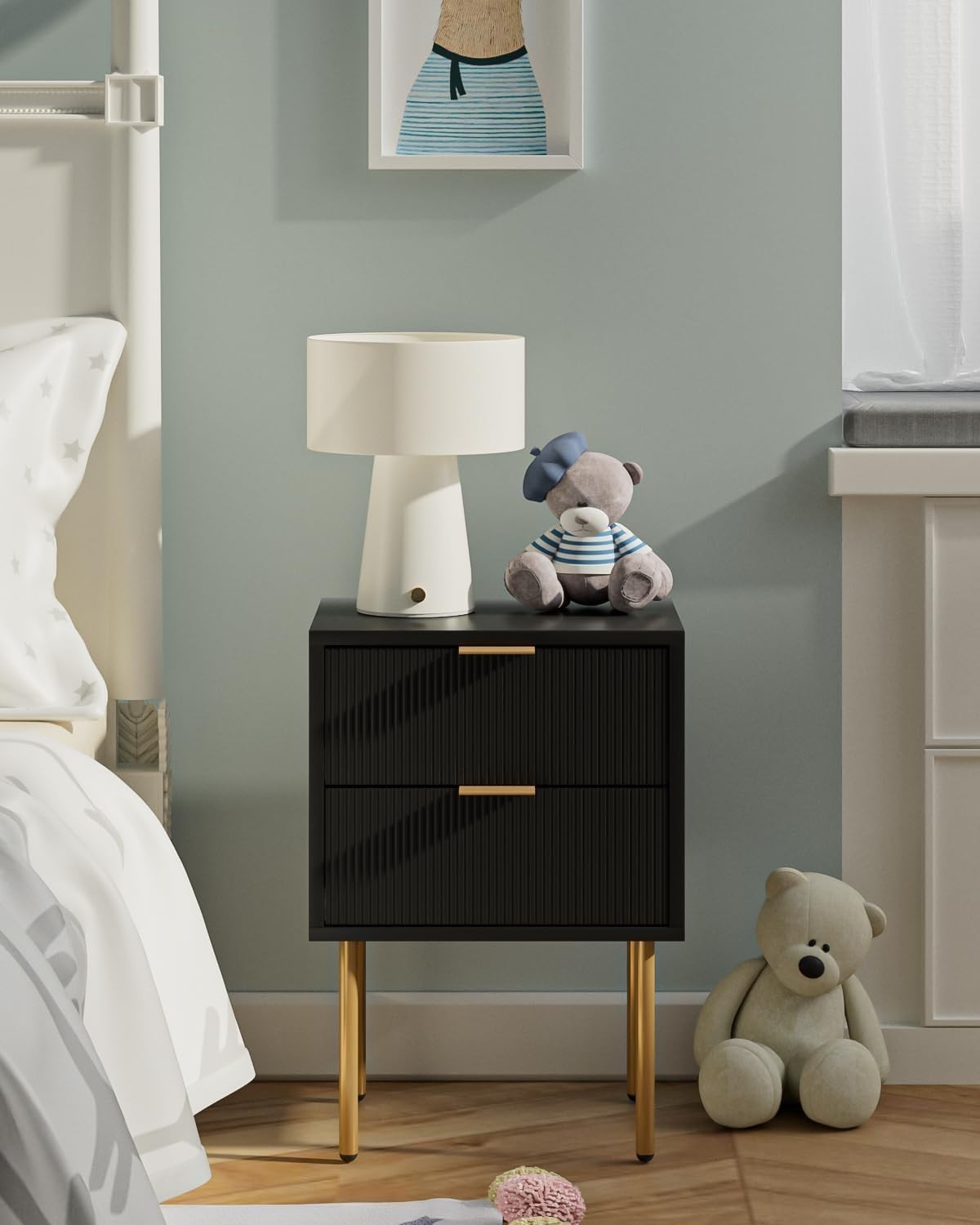 Modern Black Bedside Table with Gold Legs | 2 Drawer Nightstand