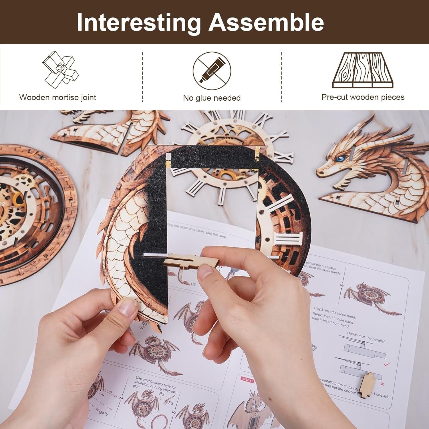 3D Dragon Wall Clock Puzzle Kit with Mechanical Pendulum & Vintage Design