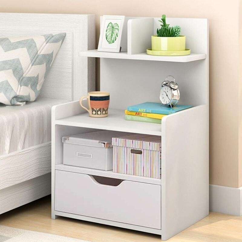 White Bedside Table with Drawer & Shelves, Compact Nightstand 60cm Modern