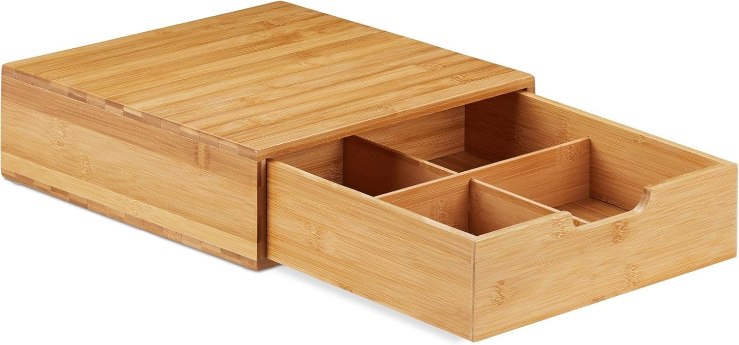 Bamboo Desk Drawer Organizer Box – 2 Tier Storage, Natural Look, Non-Slip