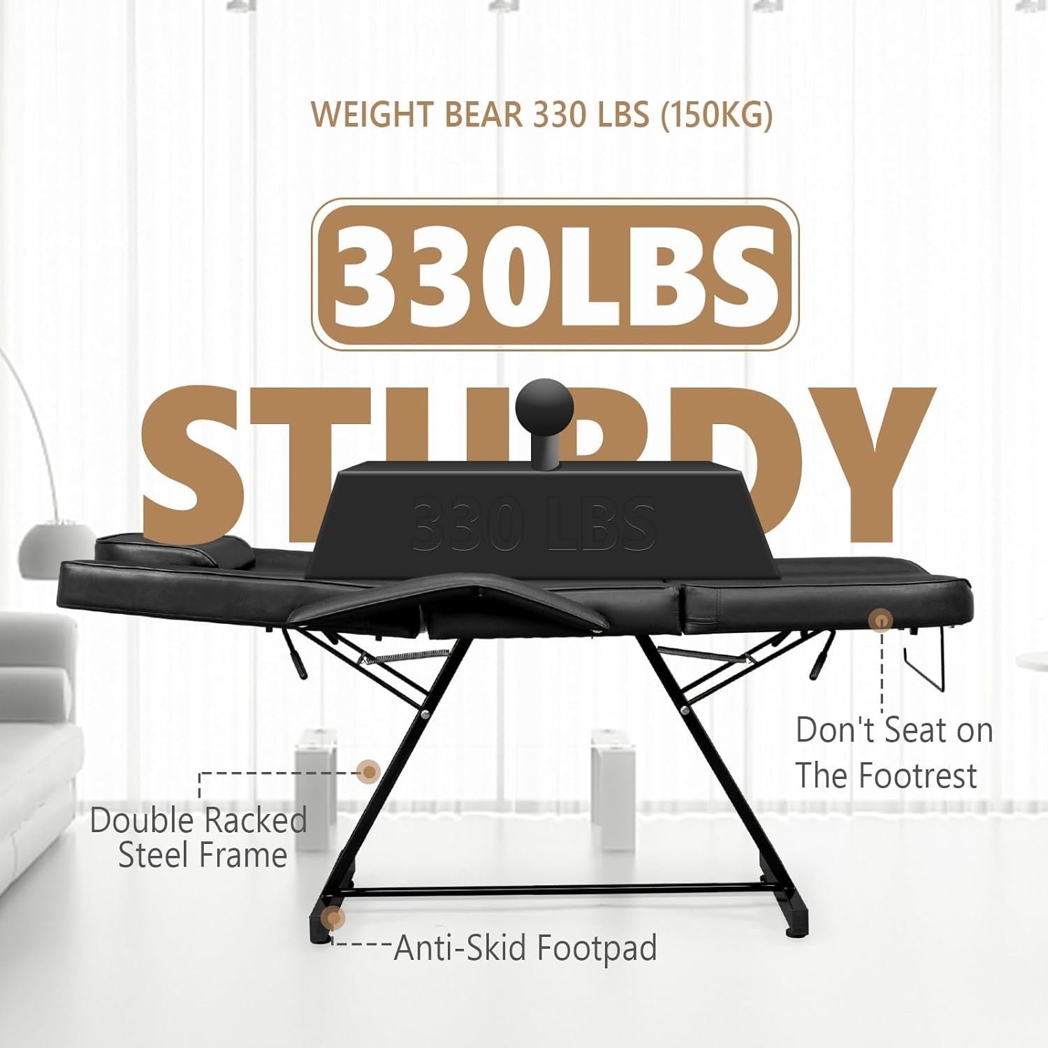 Adjustable 3-Section Massage Table with Stool Spa Facial Tattoo Beauty Bed Black