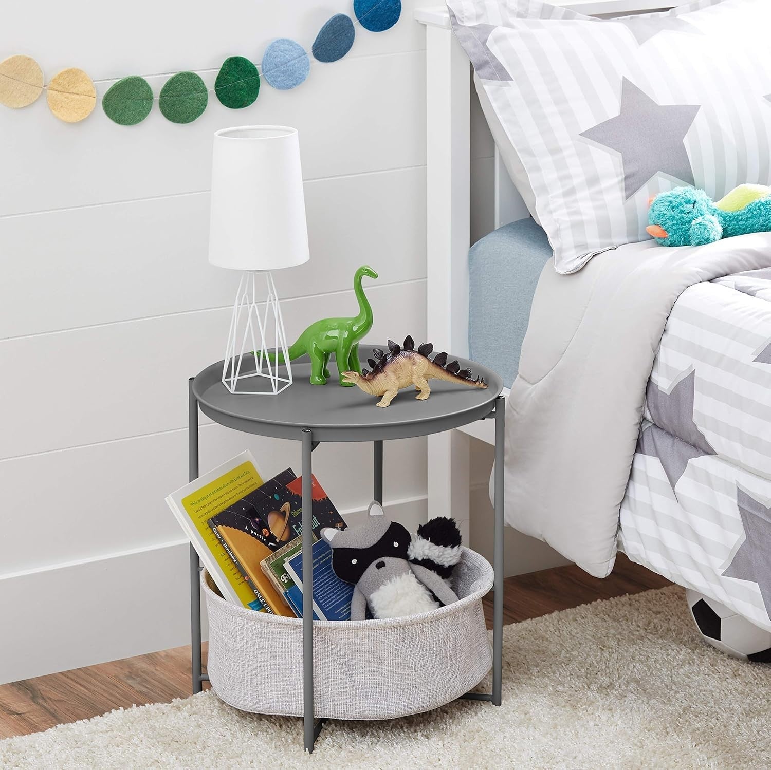 Round Storage End Table Charcoal Grey with Fabric Bin 45x45x48cm Modern