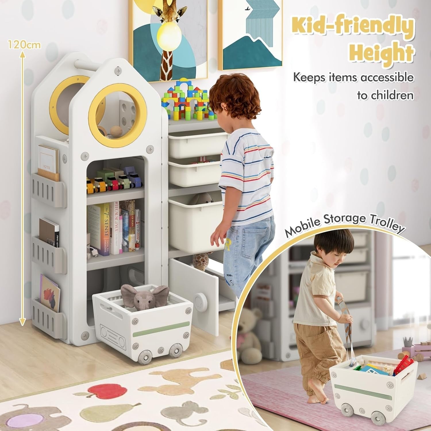 Kids Toy Storage Unit with Bins Drawers Cabinet & Bookshelves House Shape