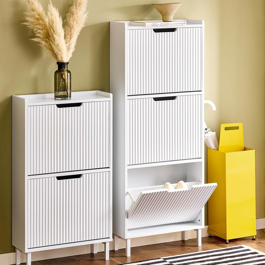 White Slim Shoe Cabinet 3 Flip Drawers Narrow Hallway Storage 19cm Deep