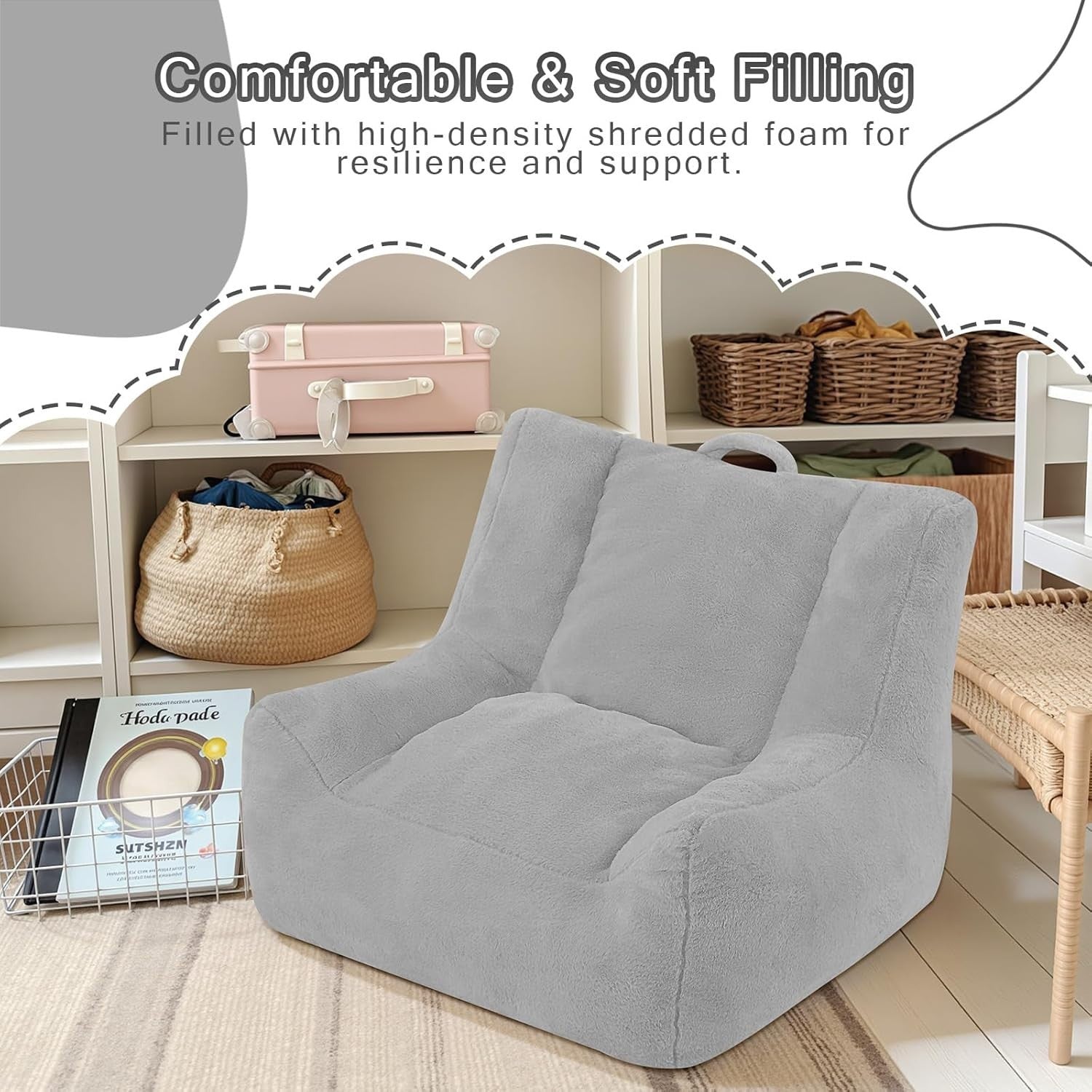 Kids Bean Bag Chair Sofa Grey | Comfy Toddler Seat Foam Filled Soft