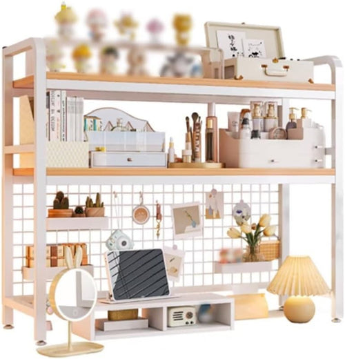2-Tier Desktop Bookshelf Organizer | Countertop Hutch w/ Grid Board 75cm White