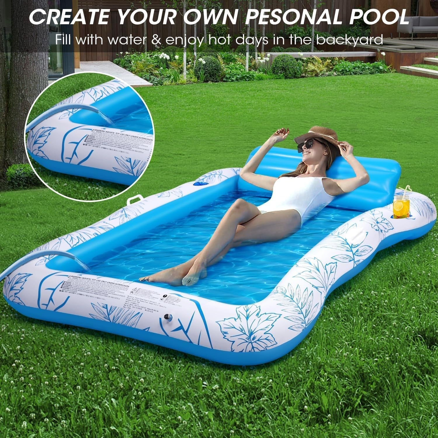 XL Inflatable Pool Lounger Float Adult Sun Tanning Raft w Cup Holders
