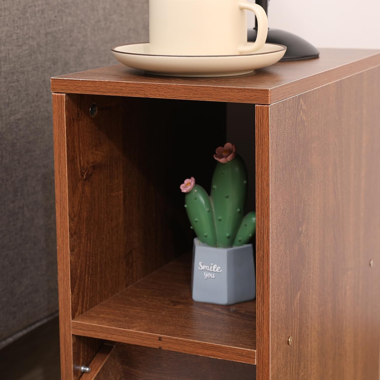 Dark Walnut Slim Storage Cabinet with Drawer – Modern Narrow Bedside Unit