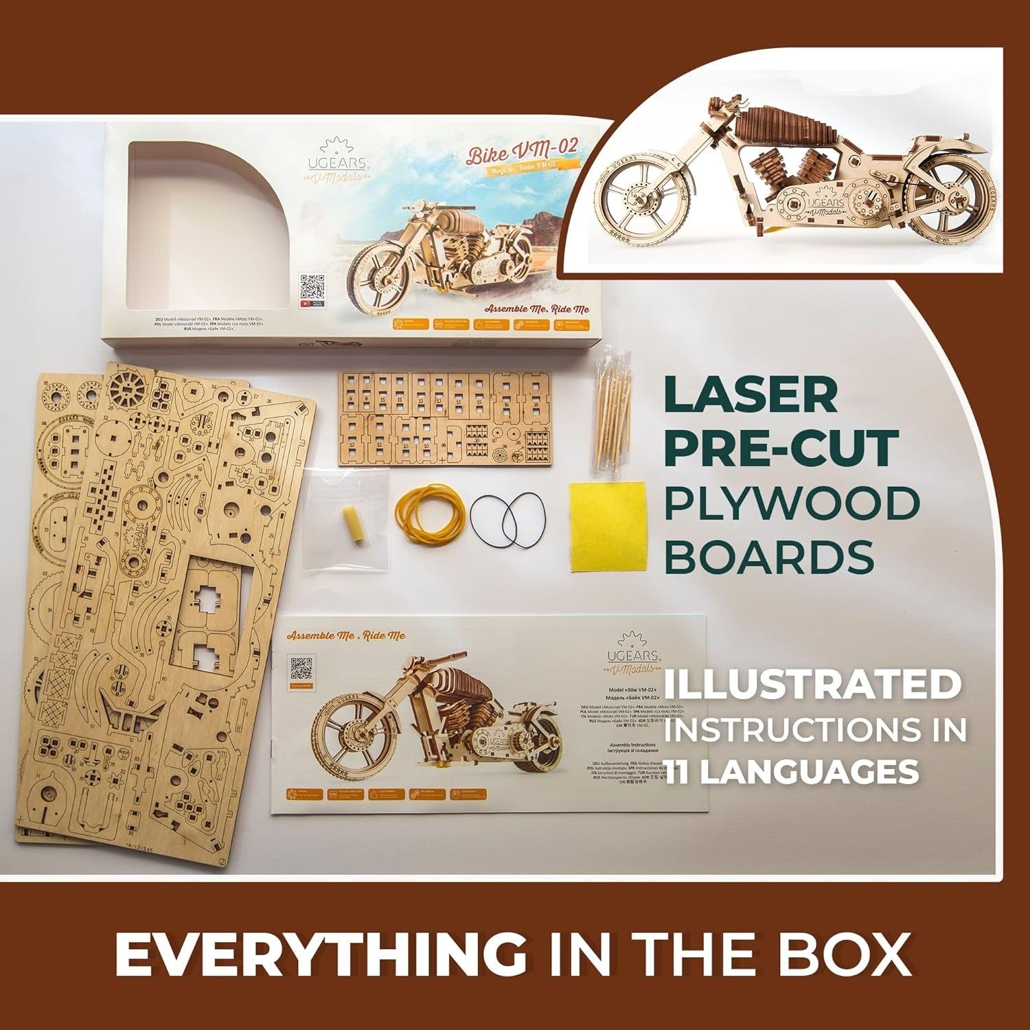 3D Wooden Motorcycle Puzzle Model Kit with Rubber Band Motor – Fun & Educational
