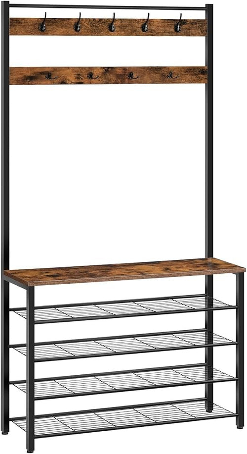 Industrial Coat Rack with Shoe Bench & 9 Hooks | Rustic Brown Hall Tree Organize
