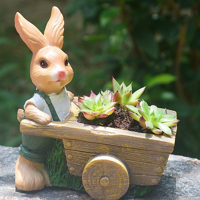 Set of 2 Rabbit Garden Ornaments • Resin Outdoor Figurines with Cart & Basket