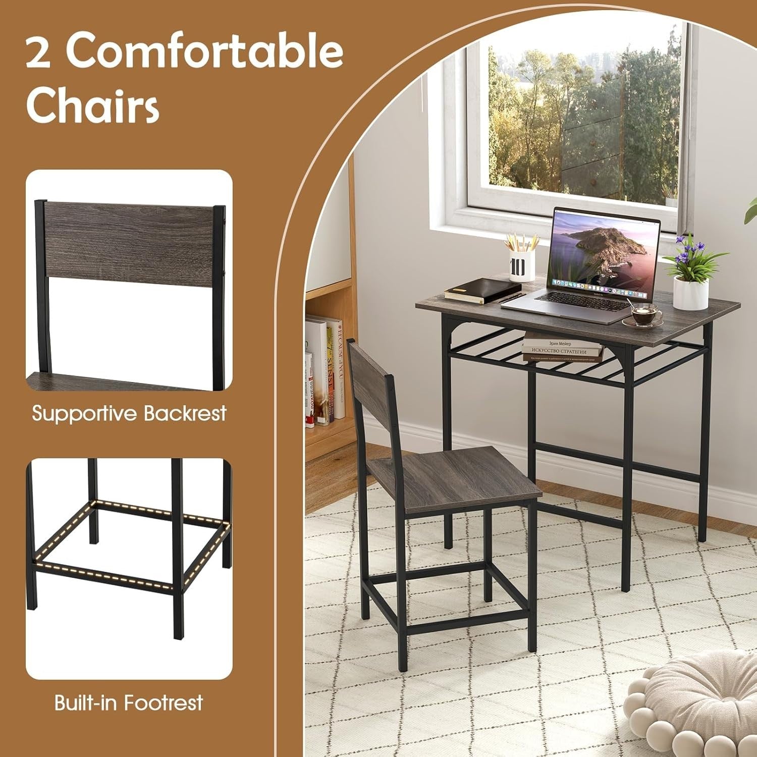 Dining Table Set Grey Storage Rack & 2 Stools, Compact Space Saving Kitchen Set
