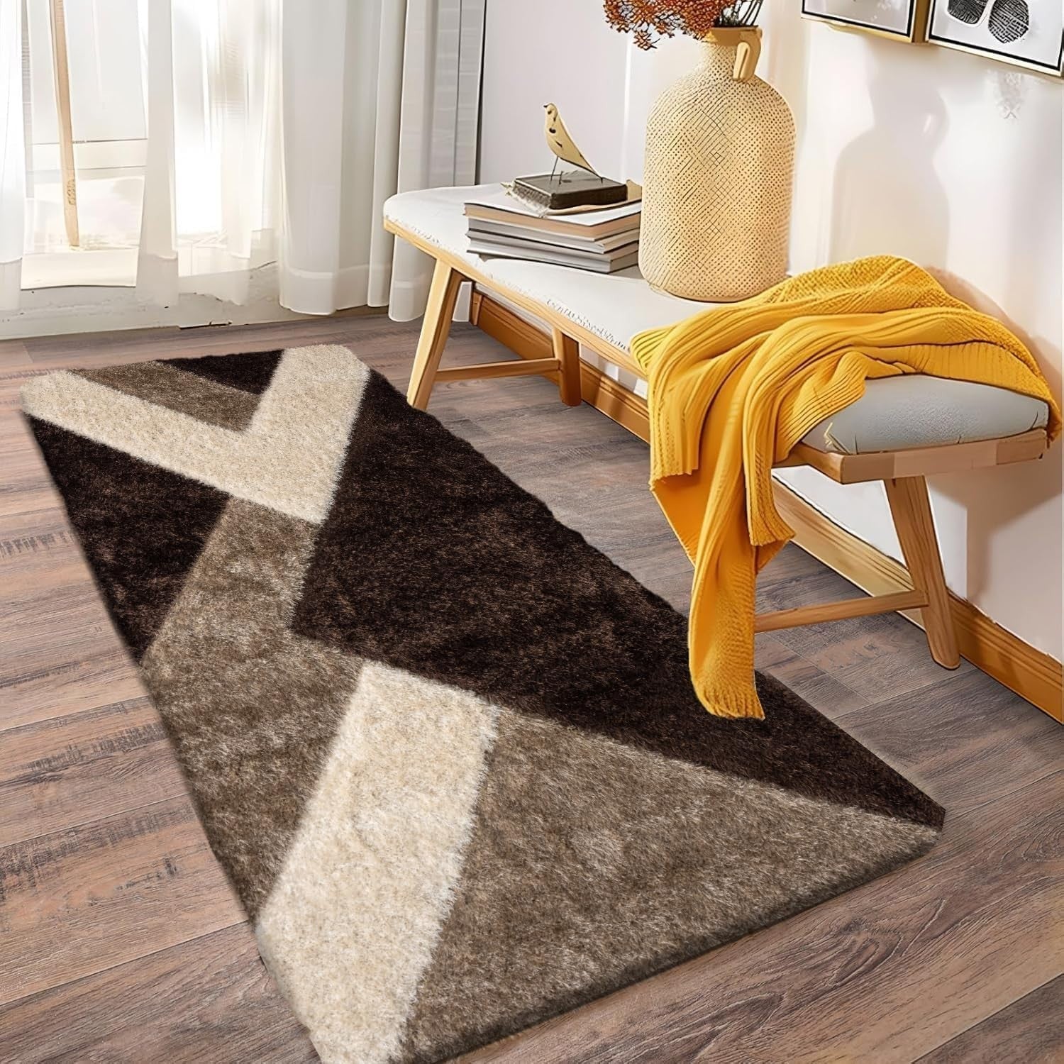 Brown Beige Shaggy Rug 120x170cm Soft Non Shed Modern Living Room Carpet