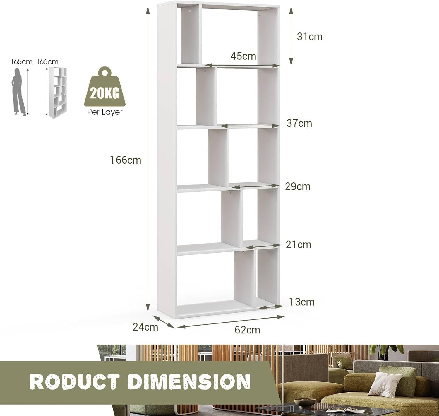 Tall 5-Tier White Bookshelf with 10 Compartments Modern Storage Display Unit