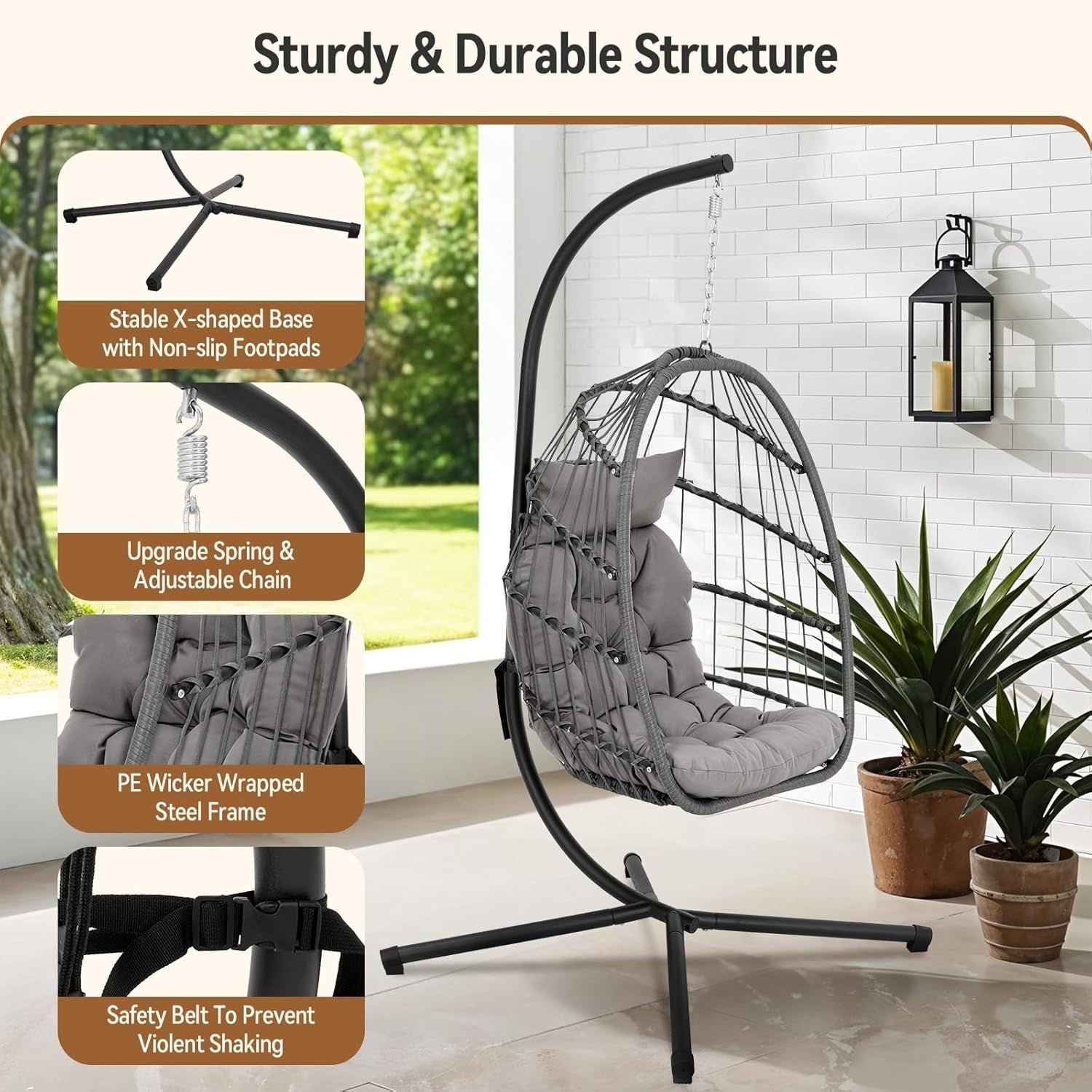 Indoor Outdoor Hanging Egg Chair with Stand Plush Cushion Patio Swing Seat