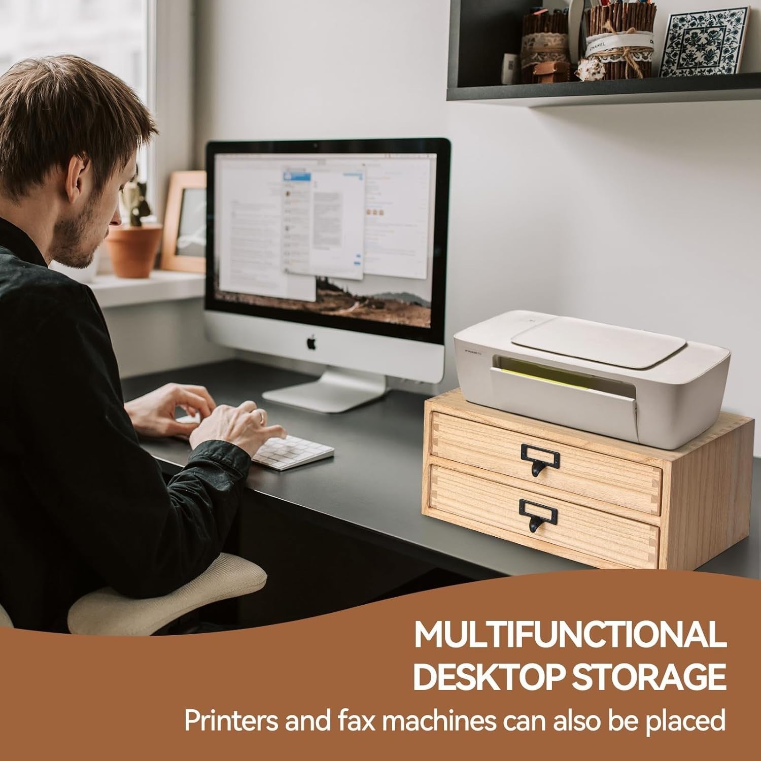 Natural Wood Desktop File Organizer 4 Drawer 35cm Printer Stand