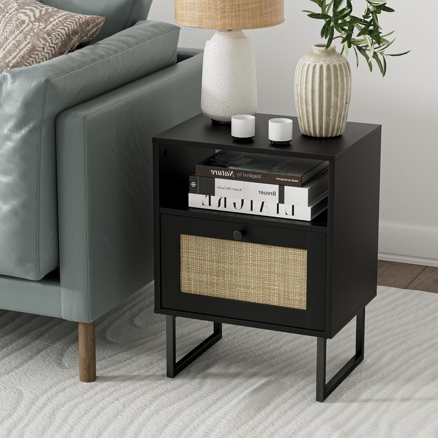 Modern Black Rattan Bedside Table with Drawer & Shelf Metal Frame Nightstand