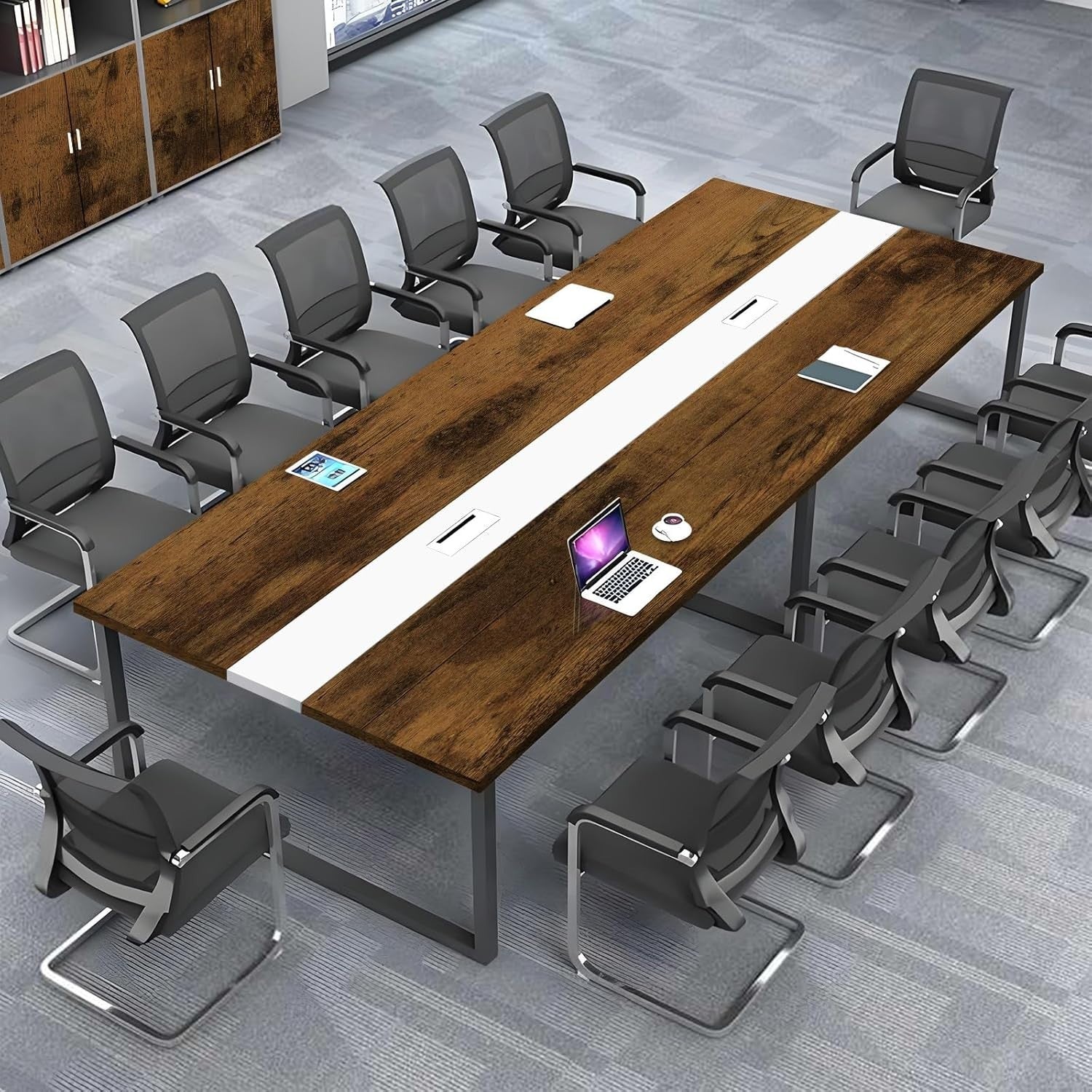 Flamed Wood + White Conference Table 240cm w/ Metal Frame & Durable Top