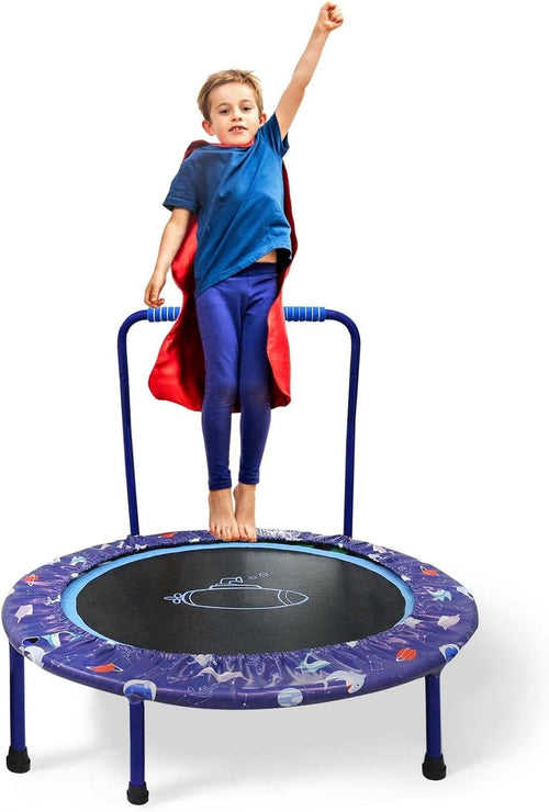 38'' Kids Mini Trampoline Foldable Quiet Rebounder Adjustable Handle Blue