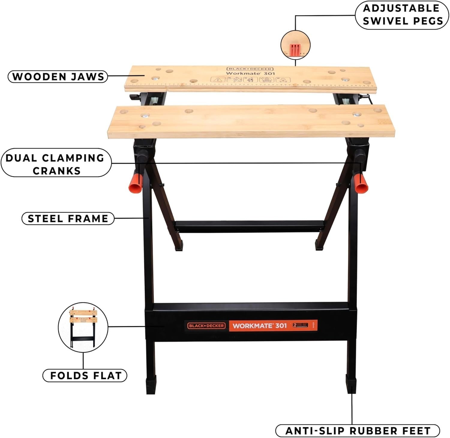 Foldable Portable Workbench with Clamp System Steel Frame Bamboo Top WM301