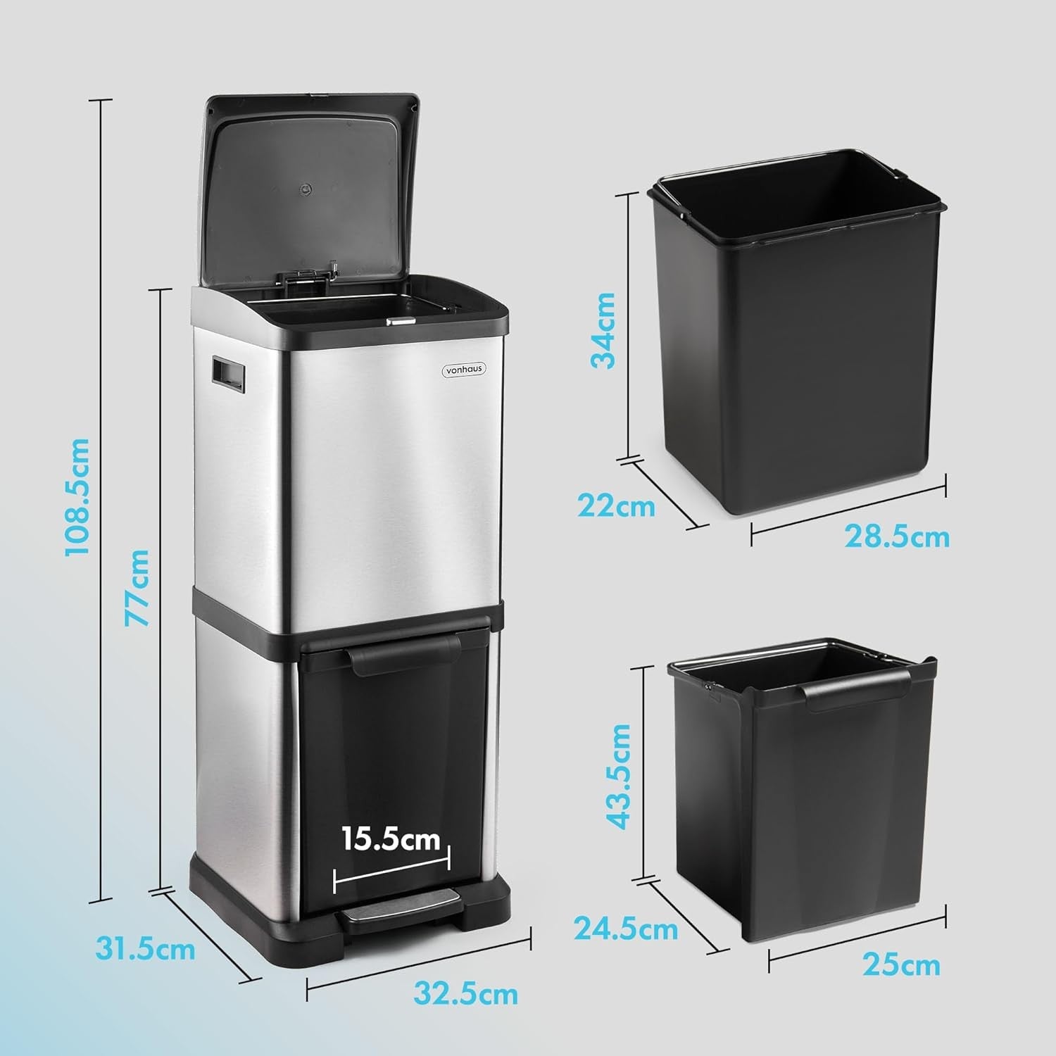 34L Stainless Steel Recycling Bin 2 Compartment Kitchen Trash Can