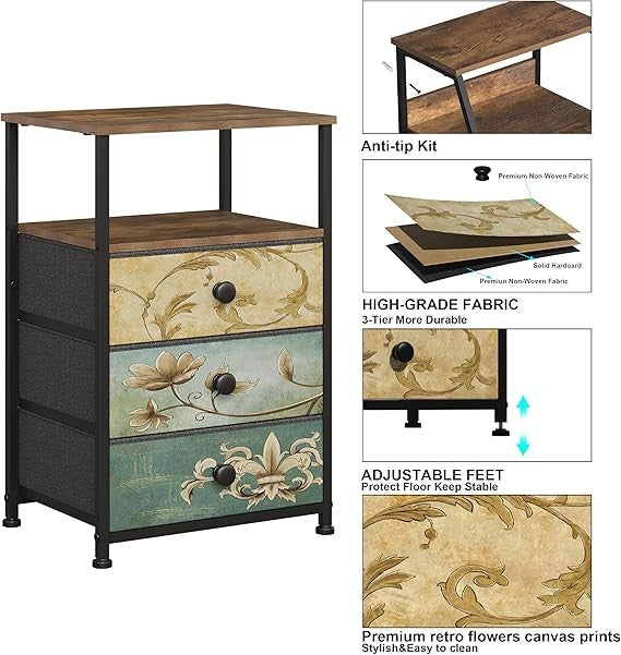 Vintage 3-Drawer Bedside Cabinet with Open Shelf, Metal Frame Storage Table