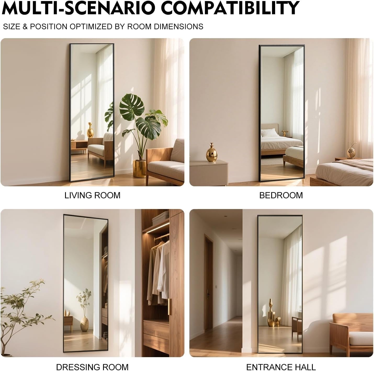 Full Length Mirror 152x42cm Black Frame Tempered Glass Slim for Small Rooms
