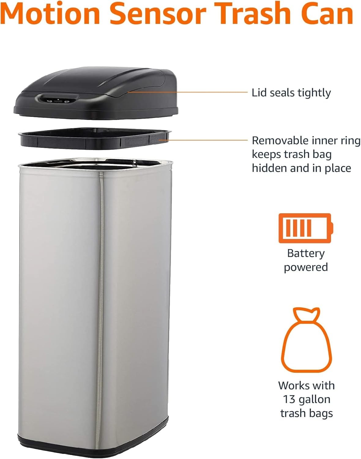 50L Slim Sensor Bin Black & Silver Stainless Steel