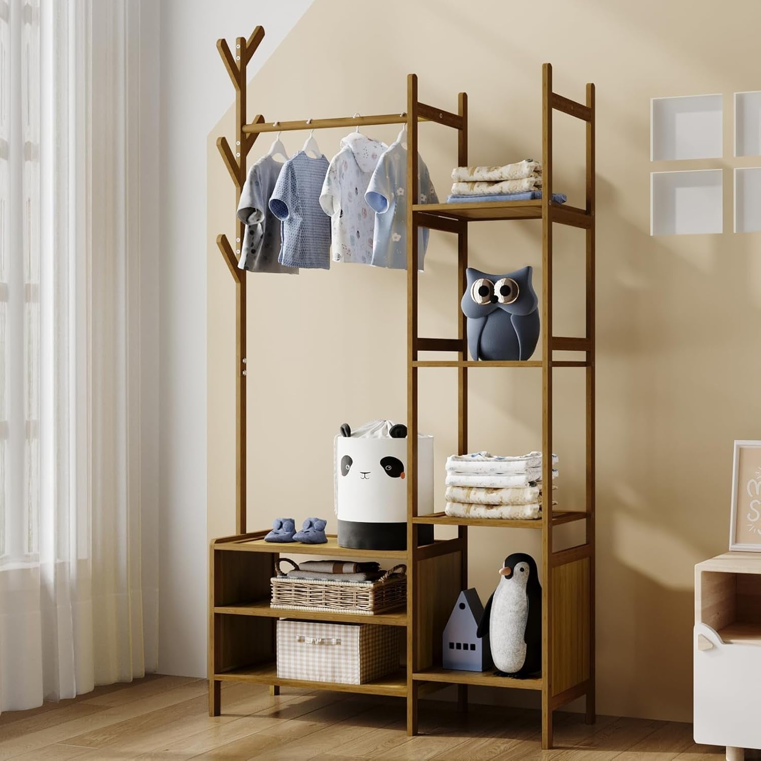 Bamboo Clothes Rail with 6 Shelves & Hooks, Tea Wardrobe