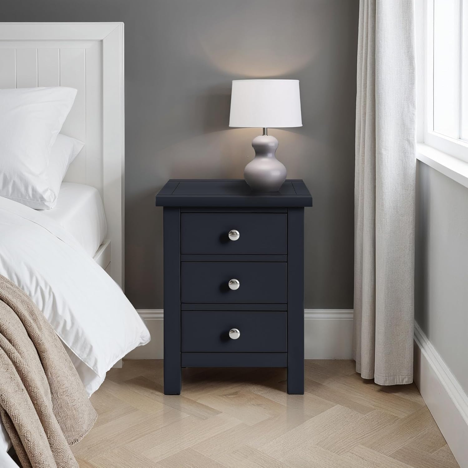 Black Solid Wood 3 Drawer Bedside Table Fully Assembled 42x32x56cm Modern
