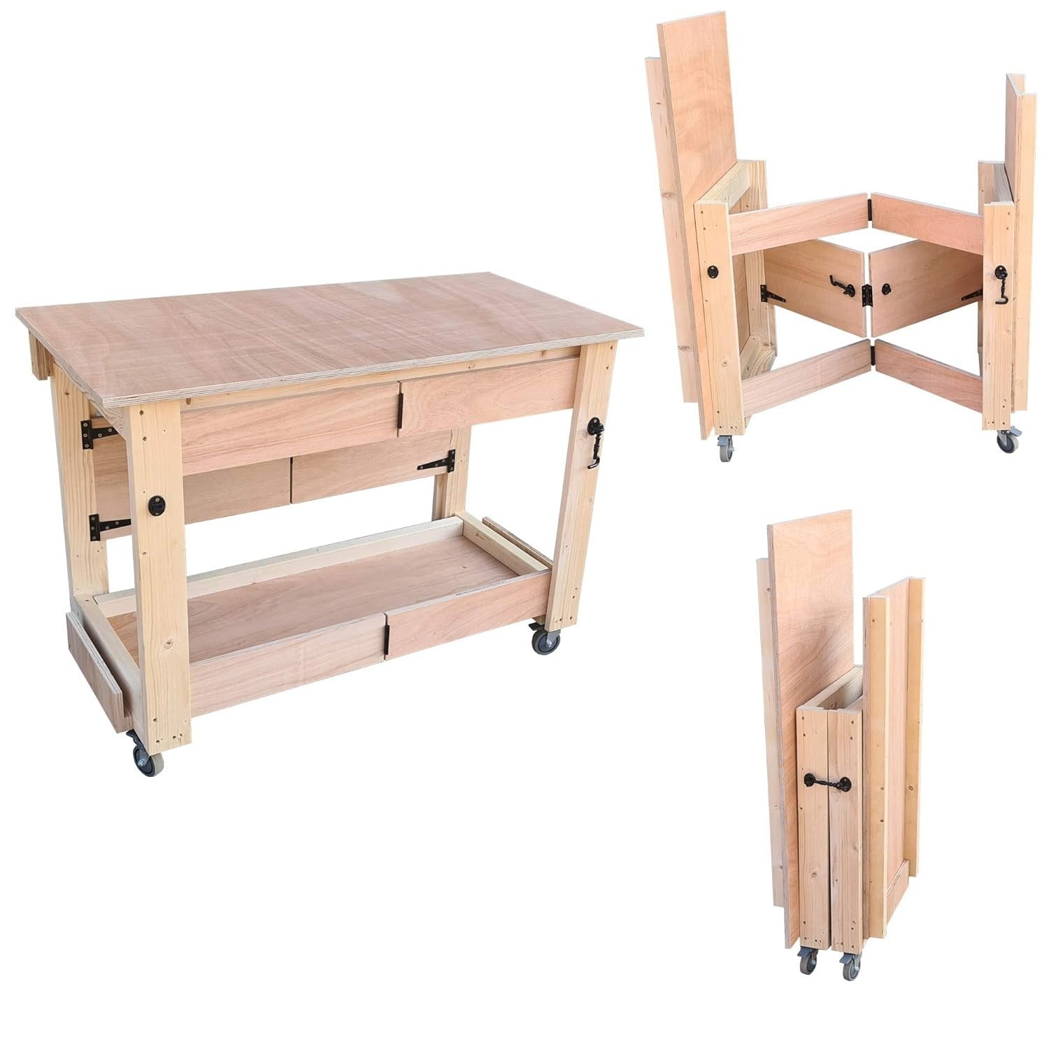 Folding Mobile Workbench Eucalyptus Hardwood Top, Heavy Duty Space-Saving Table