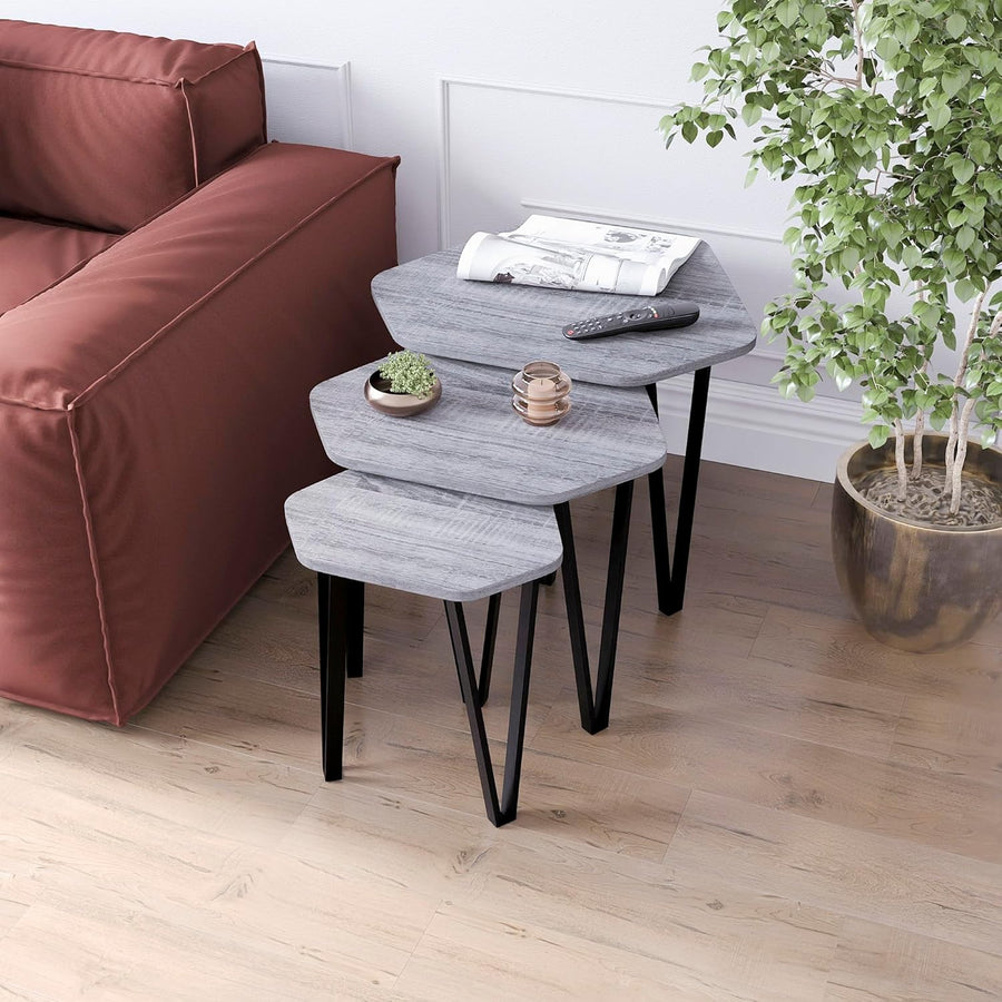 3 Nesting Coffee Tables Set of 3 Industrial Hexagonal End Side Metal Wood Grey