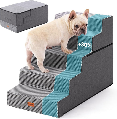 5 Step Adjustable Dog Stairs Foam Ramp Non-Slip Grey 58cm H