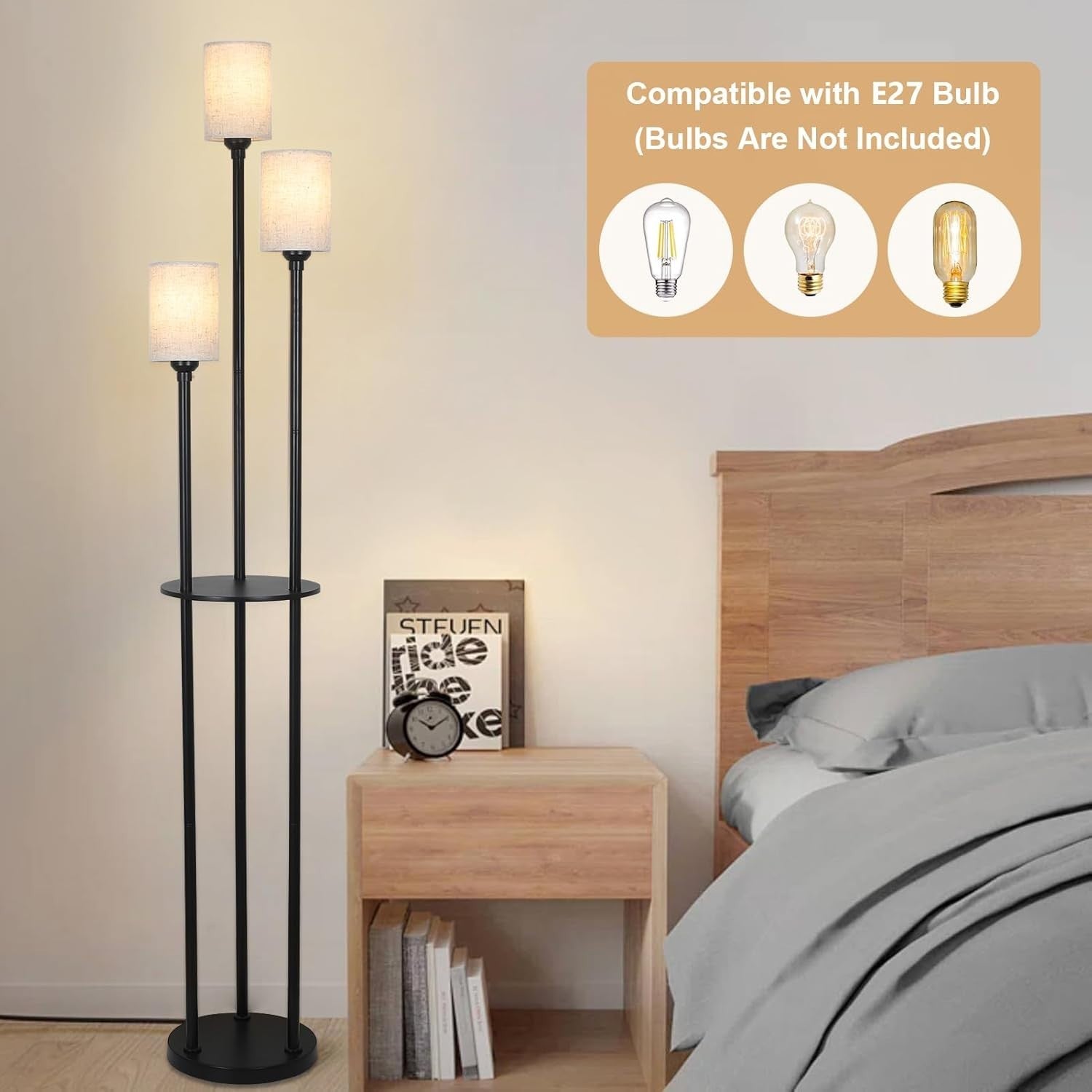 Modern 3-Light Floor Lamp with Shelves, Linen Shades & Foot Switch, 79" Tall