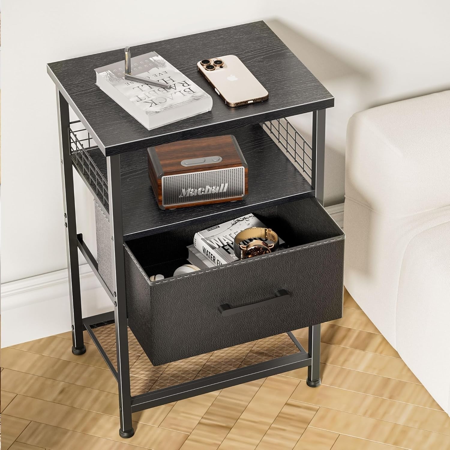 Set of 2 Modern Black Bedside Tables with Drawers & Shelves – 3-Tier Nightstands