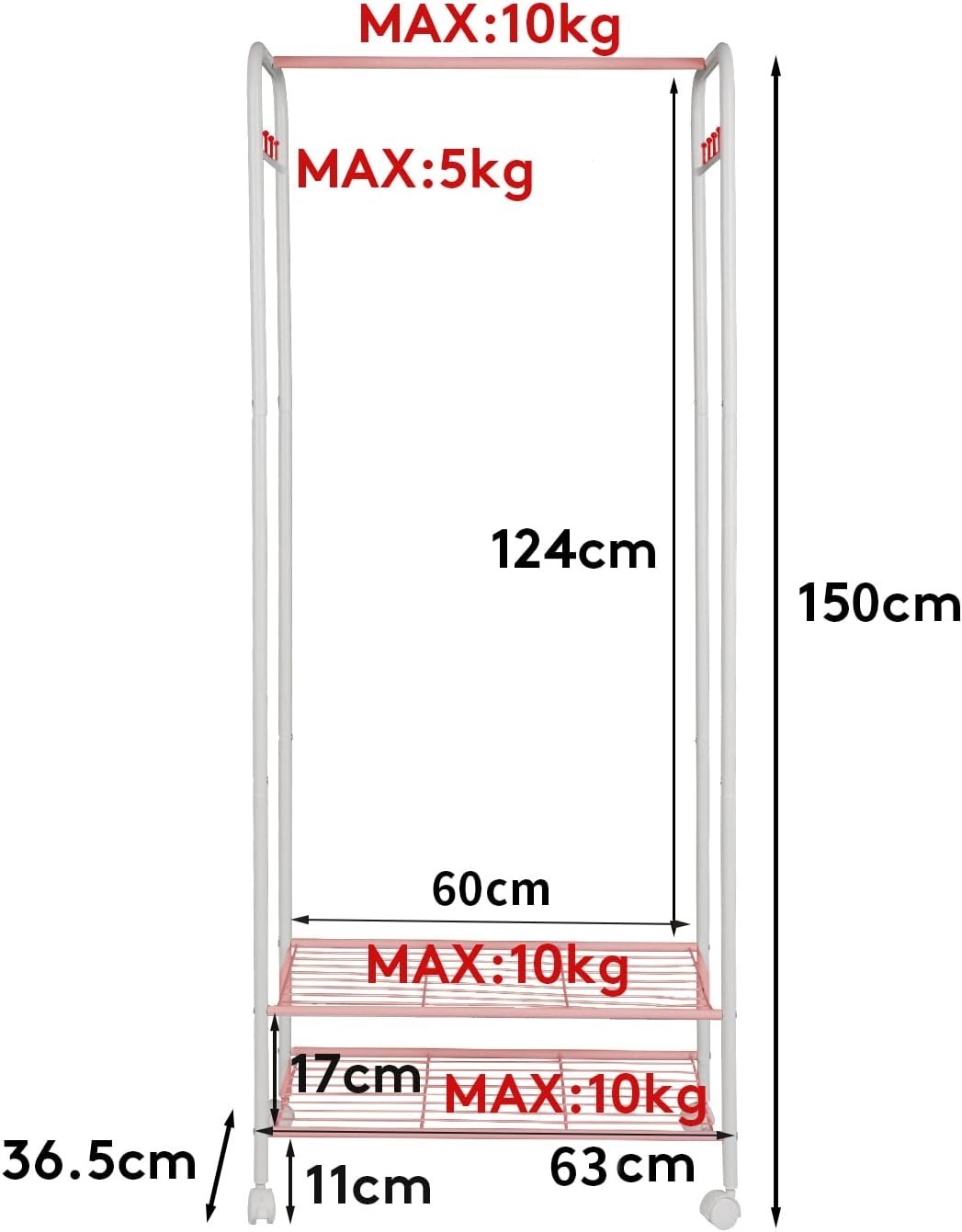 White Metal Clothes Rack with Shelves & Wheels 70x36x152cm