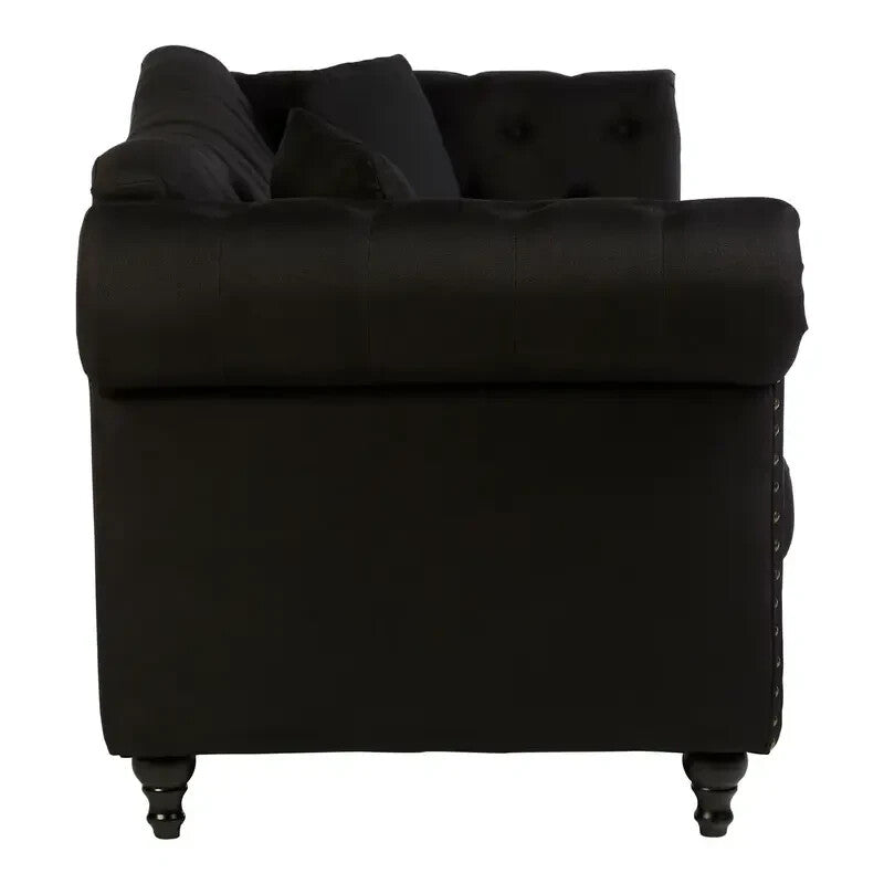 Luxury 3 Seater Black Chesterfield Sofa Fabric Upholstery Scroll Arms