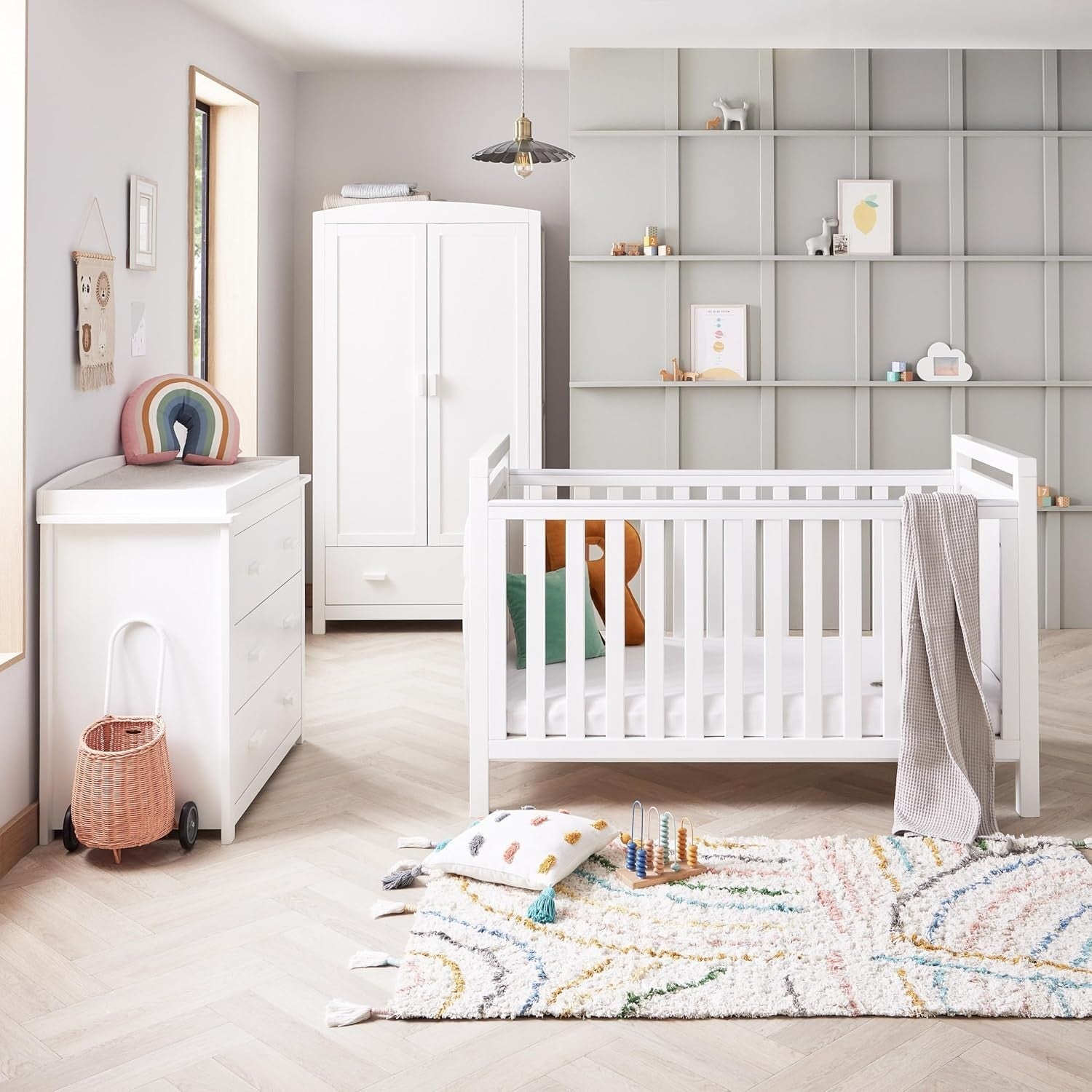 Luxury 3pc Nursery Furniture Set Cot Bed Wardrobe Chest Drawers White Modern