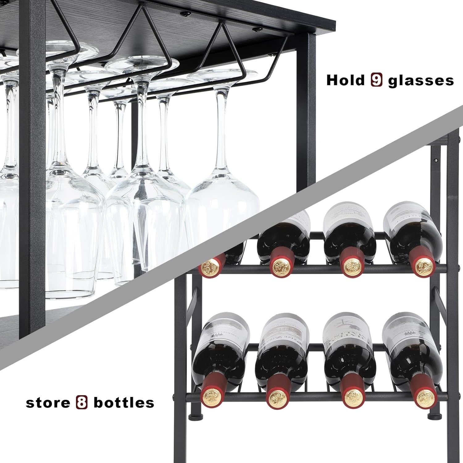 Freestanding 4-Tier Wine Rack with Glass Holder, Rustic Metal Bar Shelf Storage