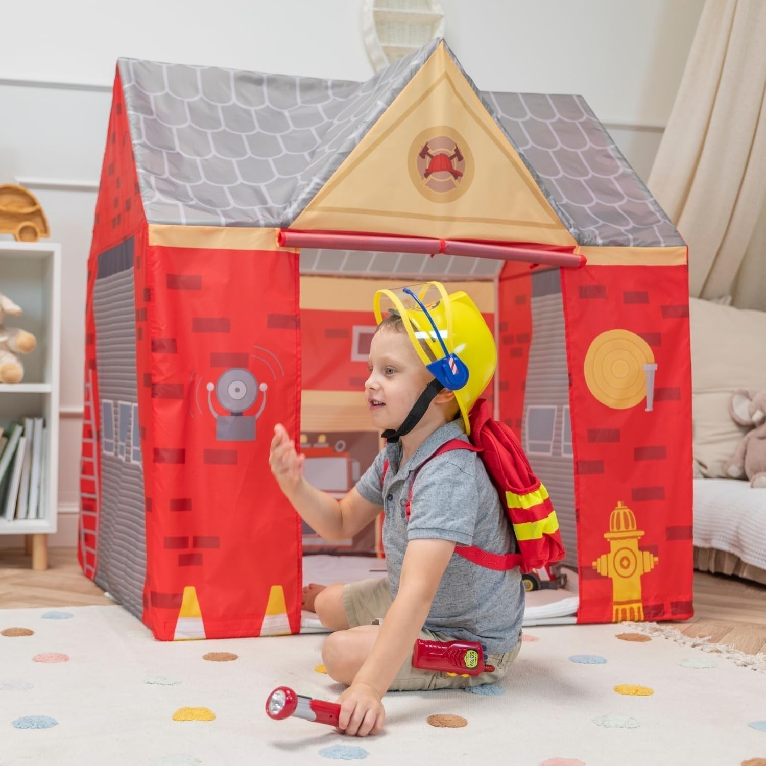 Kids Fire Station Play Tent Indoor Outdoor Fire Truck Playhouse