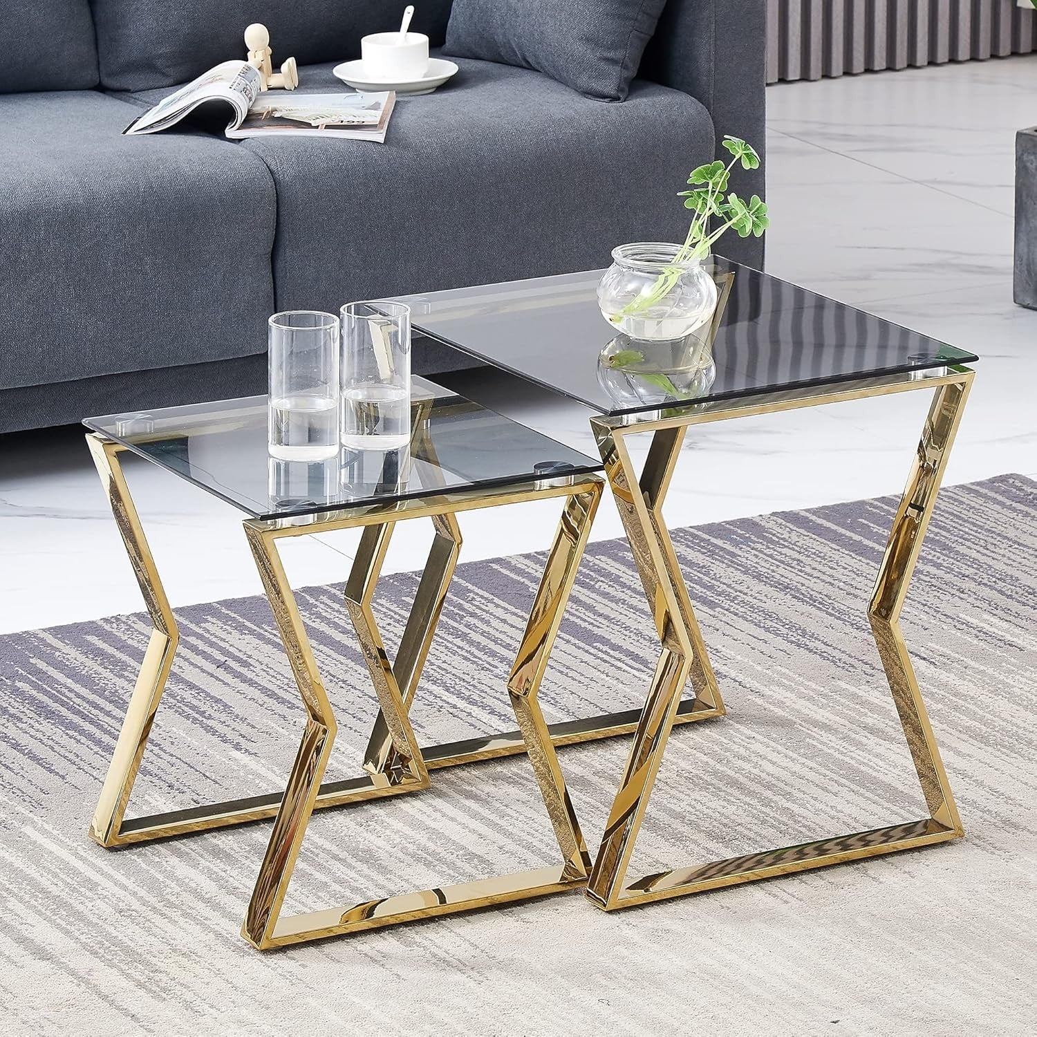 Luxury Nesting Coffee Tables Set of 2 Gold Metal Gray Glass Side End Stackable
