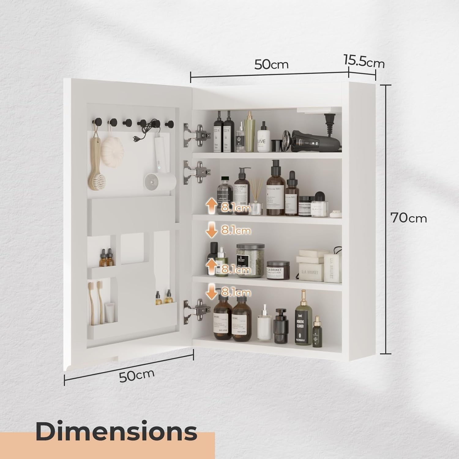LED Bathroom Mirror Cabinet 70x50cm Wall Unit Light + USB Storage