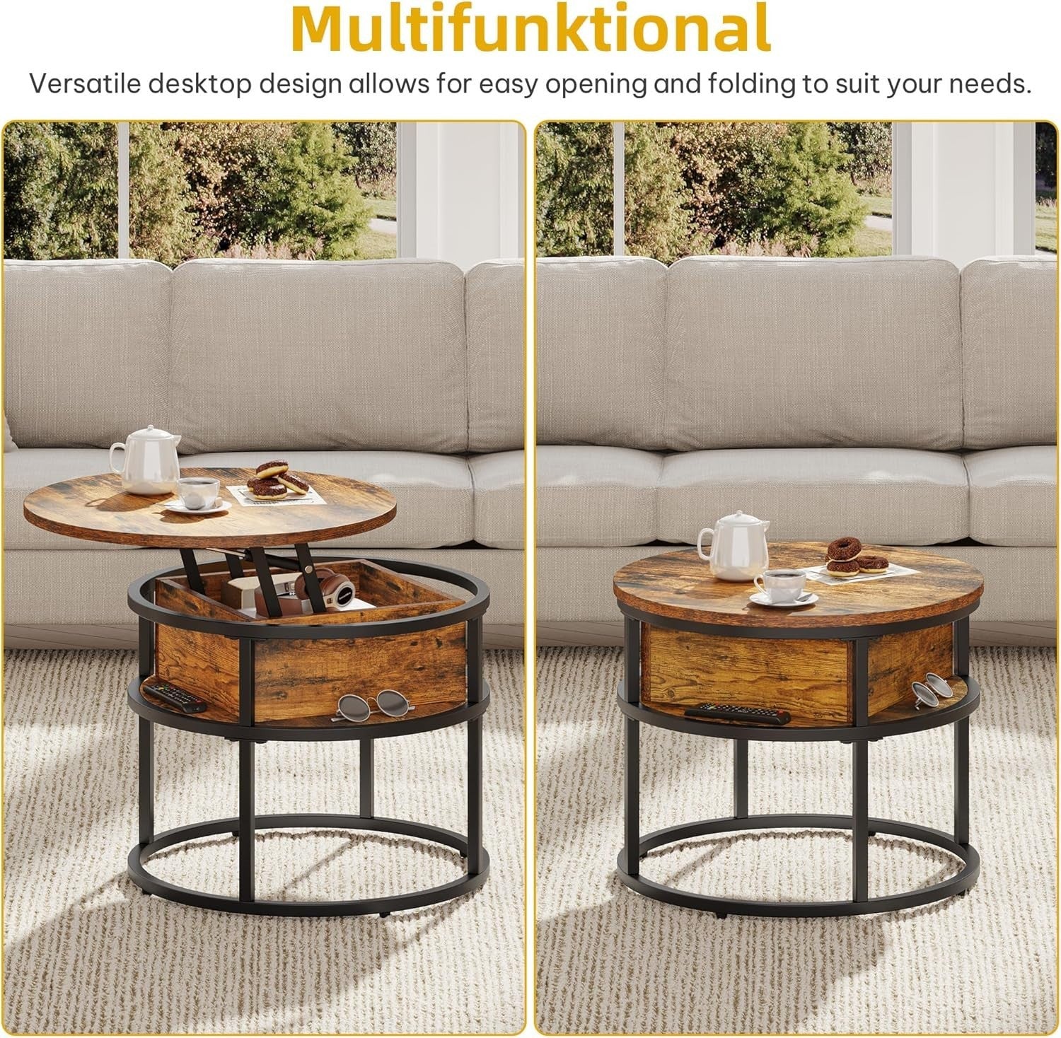 Round Lift Top Coffee Table with Hidden Storage, Small Space Metal Frame