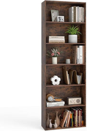 Tall 6-Tier Bookshelf Storage Unit Rustic Wood Shelving Rack for Living Room