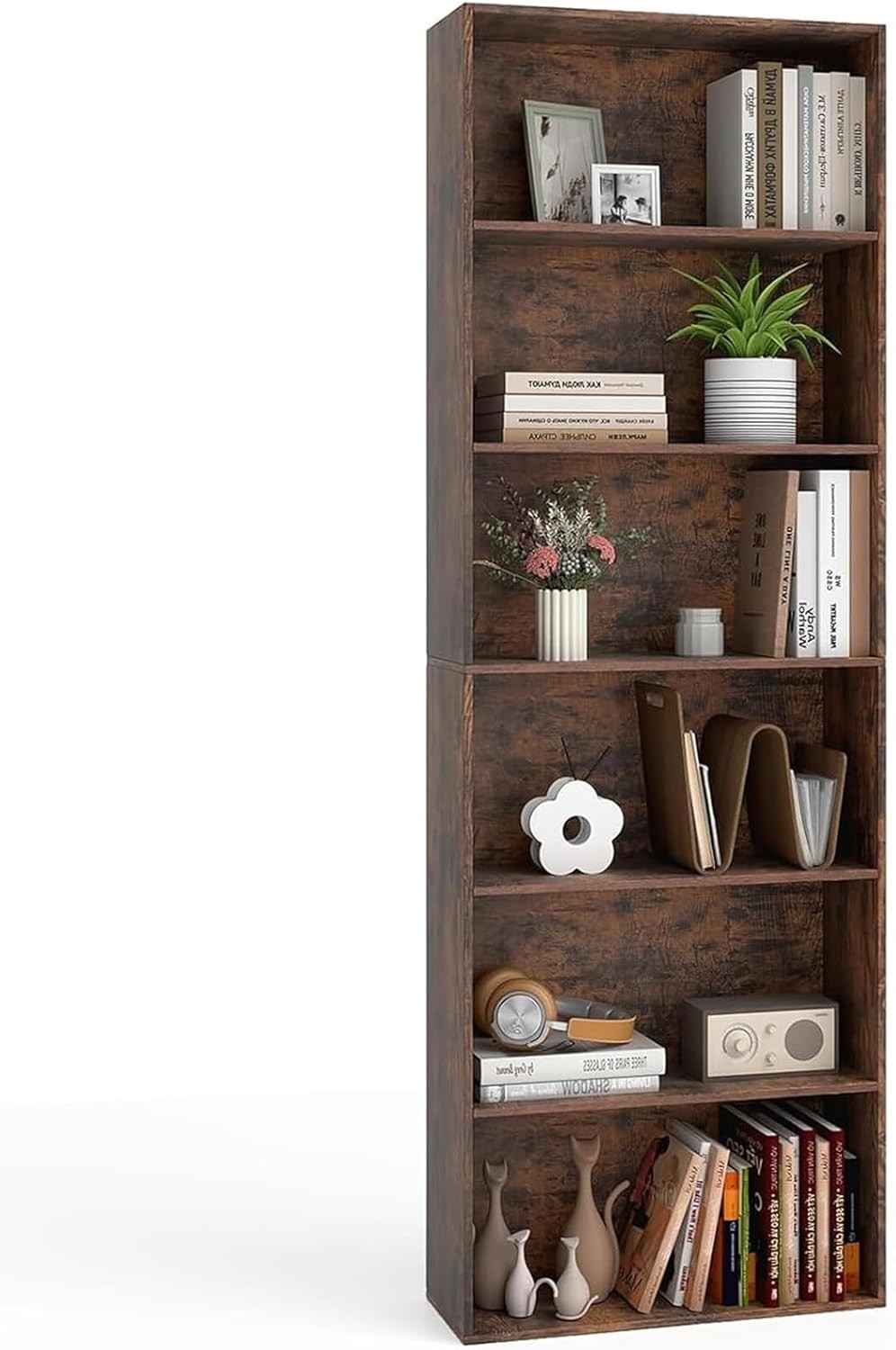 Tall 6-Tier Bookshelf Storage Unit Rustic Wood Shelving Rack for Living Room