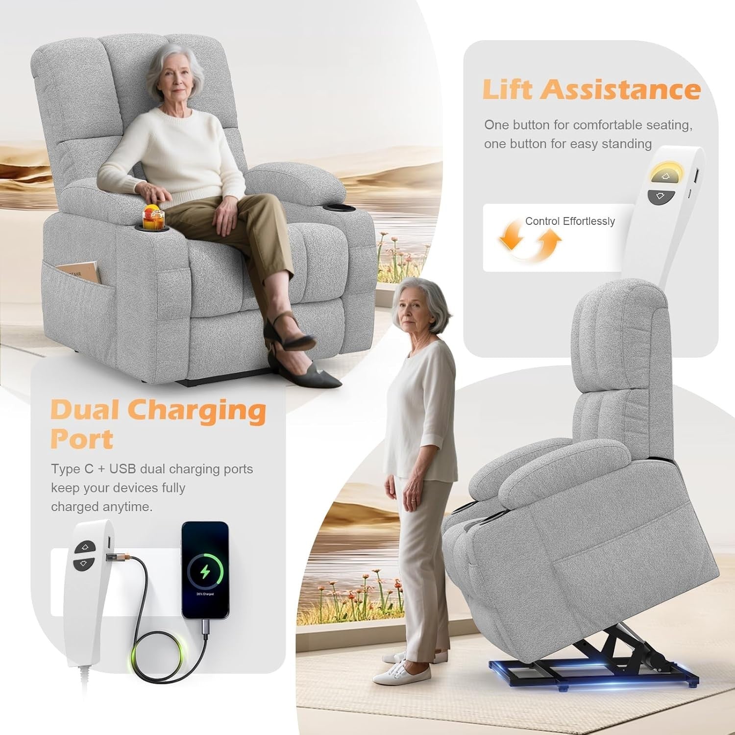Light Grey Lift Recliner Chair Elderly Massage Heat USB Cup Holders Footrest