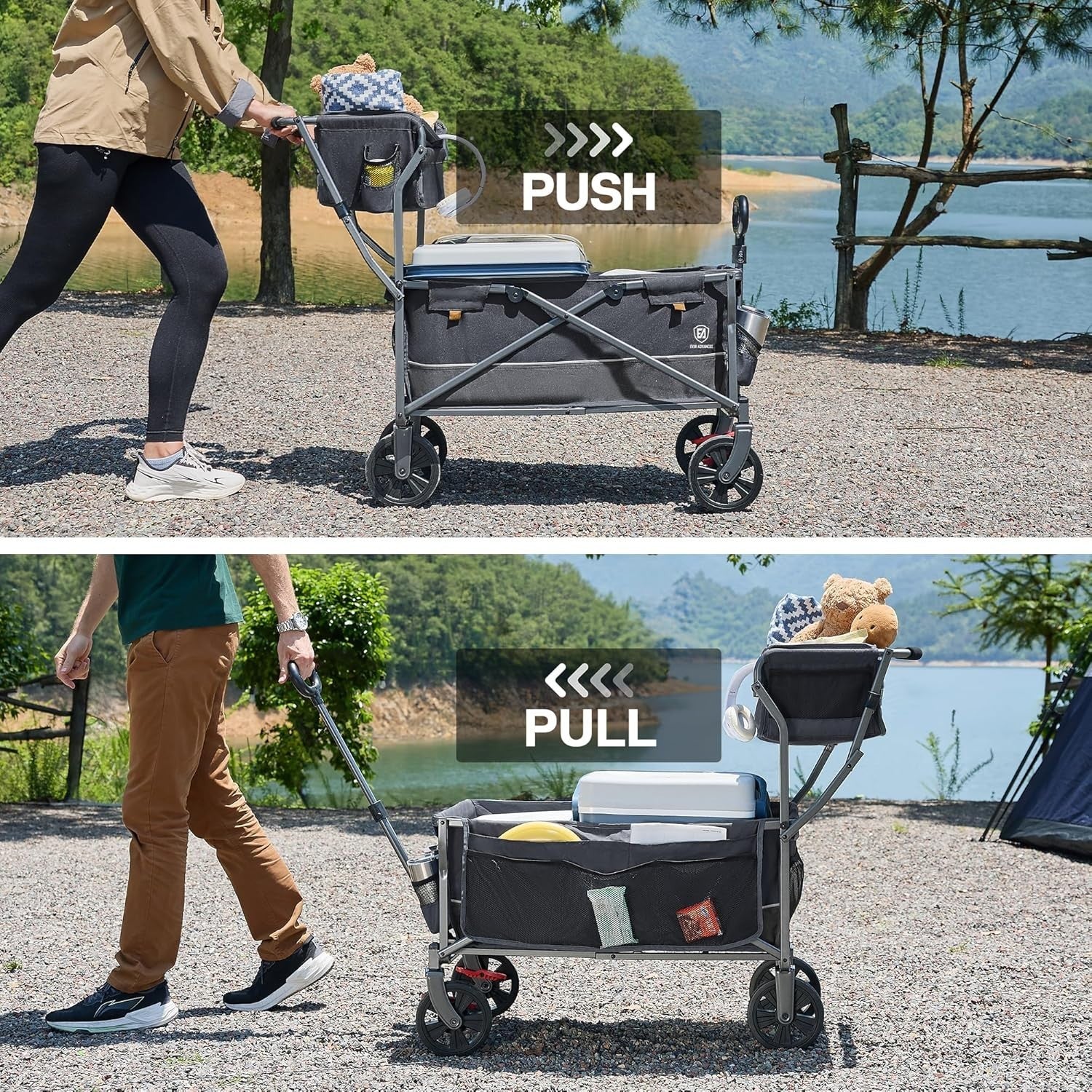 Grey Push Pull Folding Camping Wagon 120kg Festival Trolley w/ Basket & Brakes